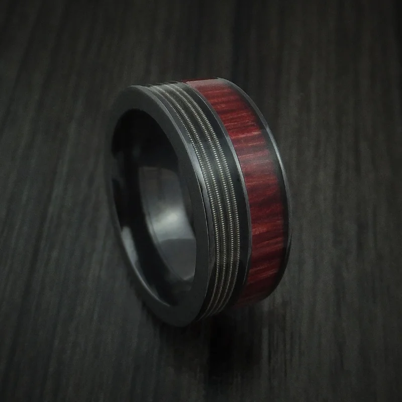 Black Zirconium Men's Ring with Guitar String and Red Heart Wood Inlays Custom Made Band