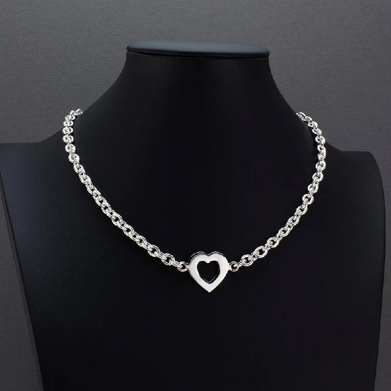 Angled design necklaces-Sterling Silver Chunky Chain Heart Necklace