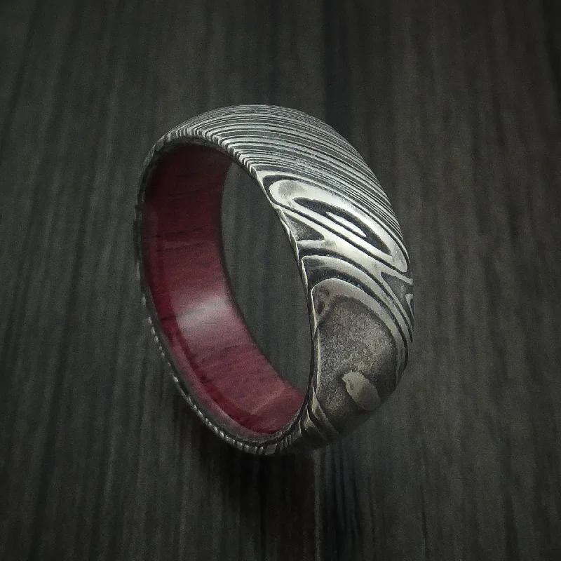 Kuro Damascus Steel Men's Ring with Purple Heart Wood Hardwood Sleeve Custom Made Wood Band