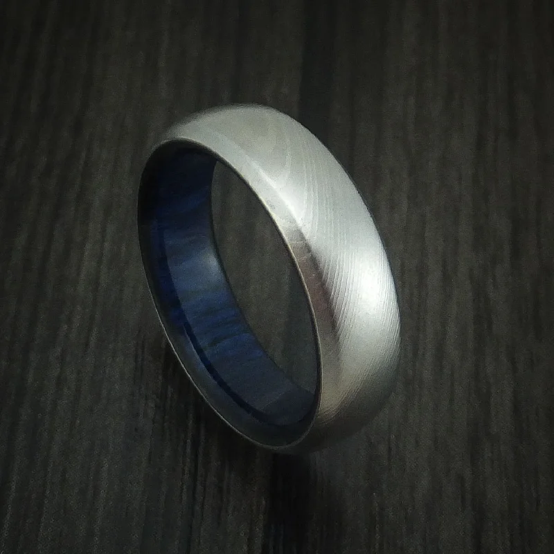 Damascus Steel Men's Ring with Blueberry Wood Interior Sleeve Custom Made