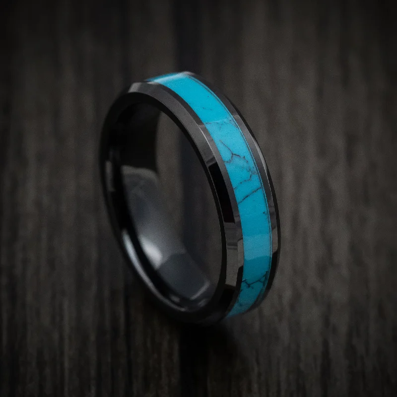 Black Tungsten Men's Ring with Turquoise Inlay