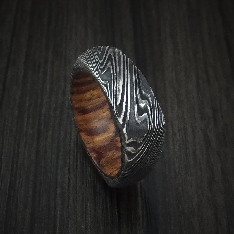 Kuro Damascus Steel Square Men's Ring with Cocobolo Hardwood Sleeve Custom Made Band