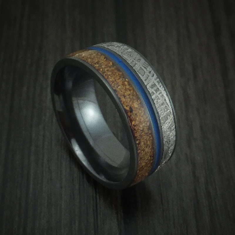 Black Titanium Tan Dinosaur Bone and Gibeon Meteorite Men's Ring with Cerakote Inlay Custom Made Fossil Band