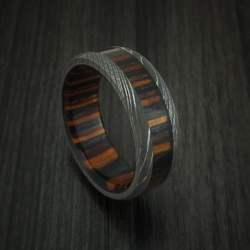 Damascus Steel Men's Ring with Ember Wood Inlay and Sleeve Custom Made Thick Band