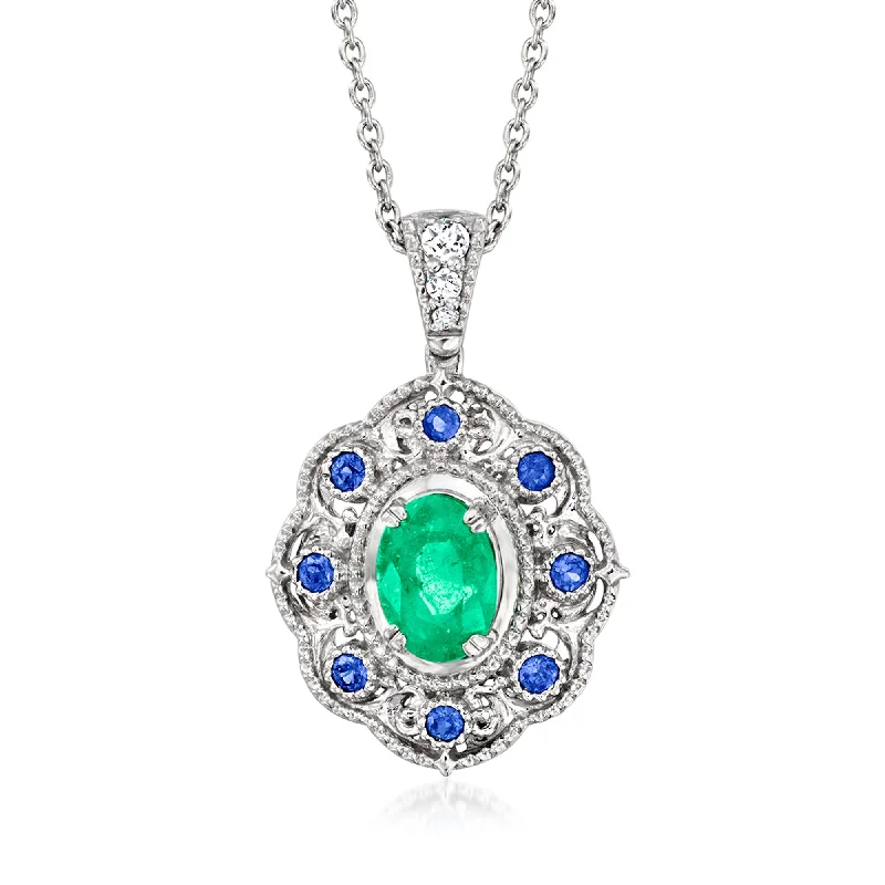 Playful bead necklaces-Ross-Simons Emerald and . Sapphire Pendant Necklace With Diamond Accents in Sterling Silver