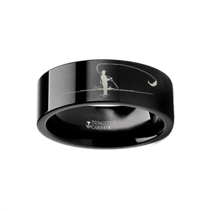 Hunting Landscape Scene Fly Fishing Fishermen Fish Ring Engraved Flat Black Tungsten Ring