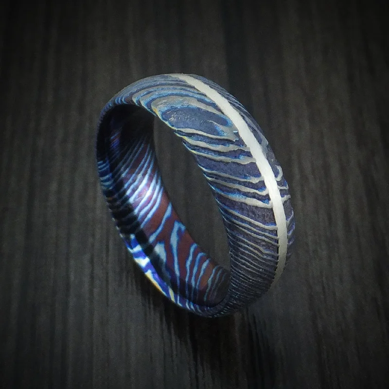 Kuro-Ti Twisted Titanium Etched and Heat-Treated Men's Ring with Silver Inlay Custom Made Band