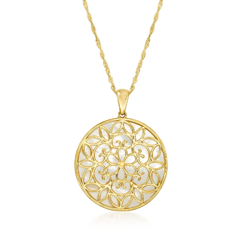 Polished gold necklaces-Ross-Simons Mother-Of-Pearl Floral Pendant Necklace in 18kt Gold Over Sterling