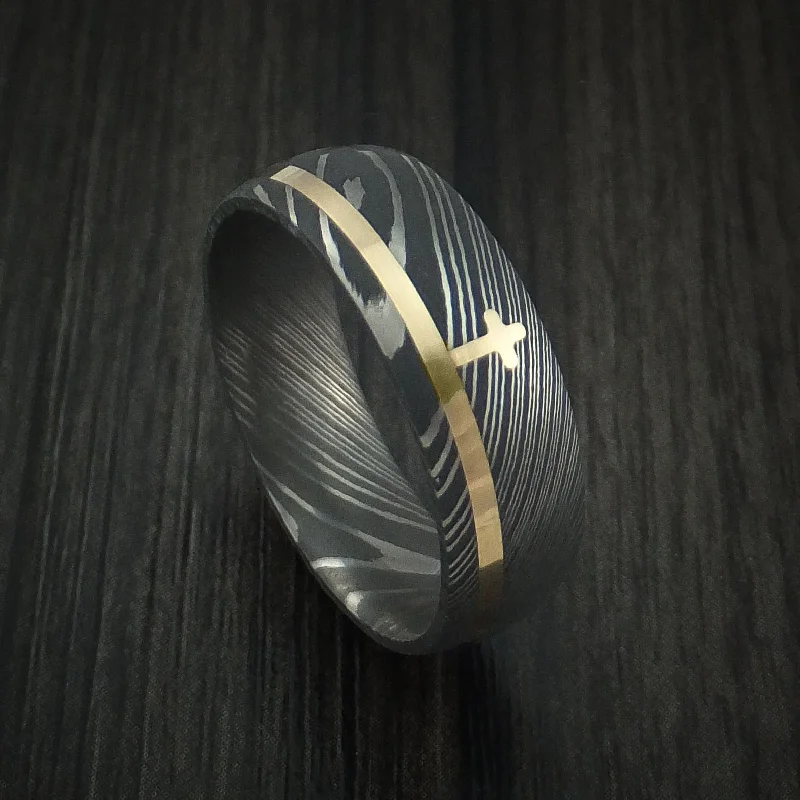 Damascus Steel Men's Ring with 14k Yellow Gold Inlay and Cross Custom Made Band