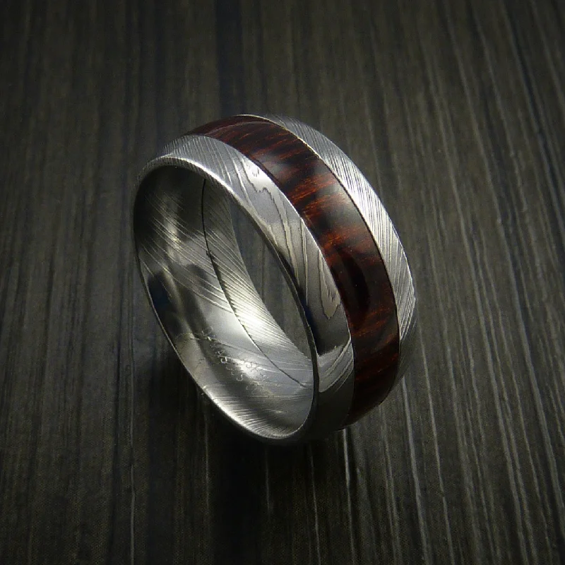 Wood Men's Ring and Damascus Men's Ring inlaid with Hardwood Inlay Custom Made