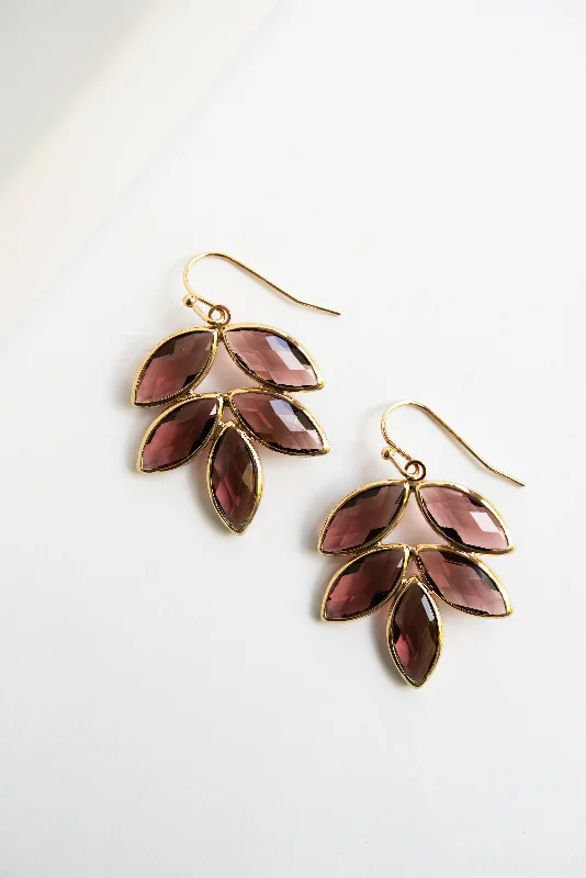 Clustered gem rings-Broad hoop earrings-Fern Gemstone Drop Earrings | Winterberry Wine Purple Crystals | Wedding Season Special Occasion Earrings