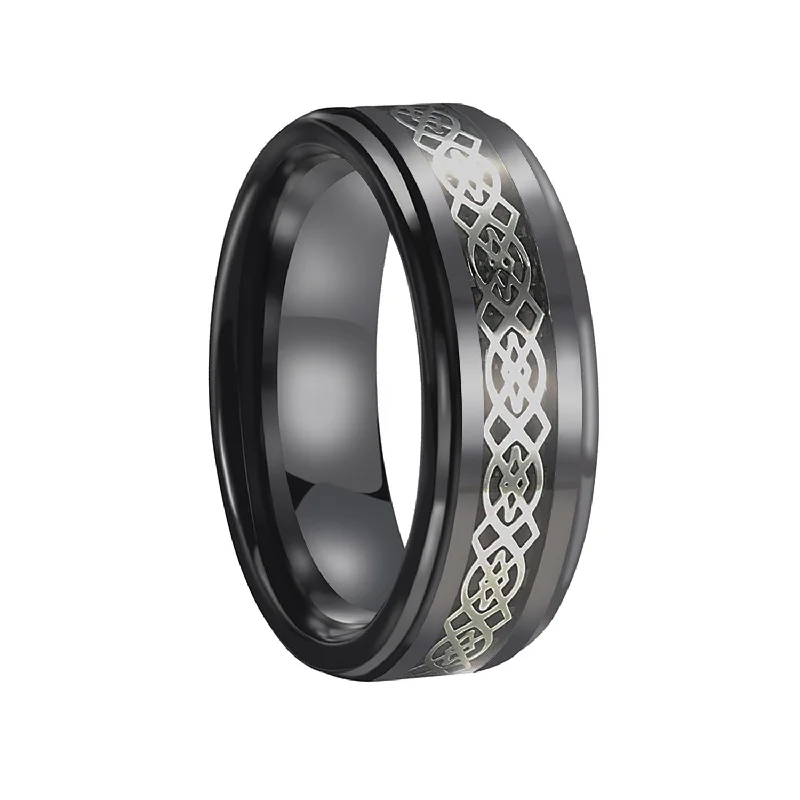 Ceramic Rings for Men Black with White Celtic Knot Inlaid