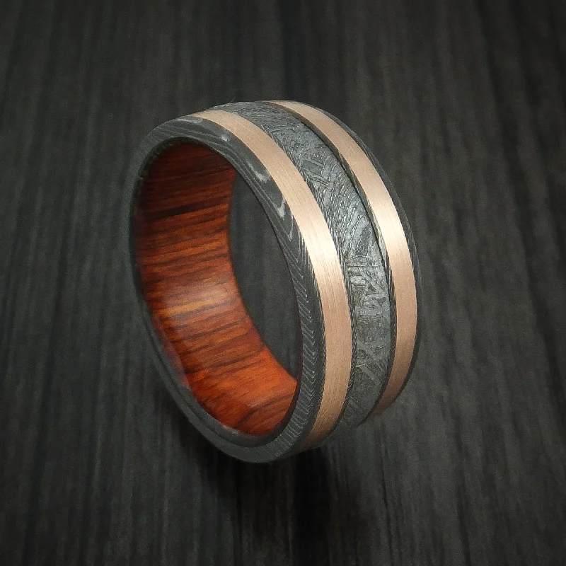 Damascus Steel and Gibeon Meteorite Men's Ring with Copper Inlays and Wood Sleeve Custom Made Band