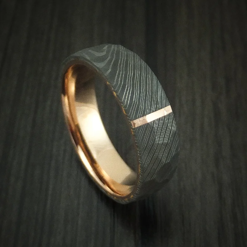 Damascus Steel Hammered Men's Ring with 14K Rose Gold Inlay and Sleeve Custom Made Band