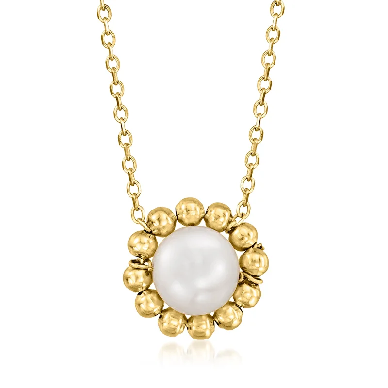 Solid bar necklaces-Ross-Simons 5-6mm Cultured Pearl Bead Halo Necklace in 14kt Yellow Gold