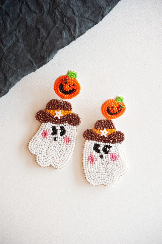 Sea inlay rings-Wanderer feather earrings-Cowboy Ghost Dangle | Beaded Halloween Ghost and Pumpkin Earring