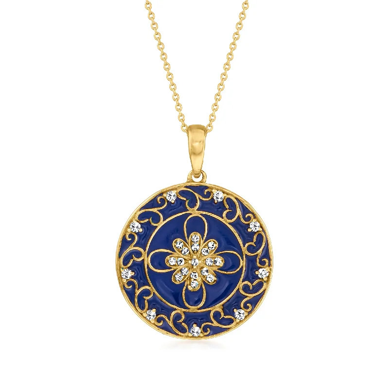 Vivid gem necklaces-Ross-Simons White Zircon and Blue Enamel Floral Medallion Pendant Necklace in 18kt Gold Over Sterling