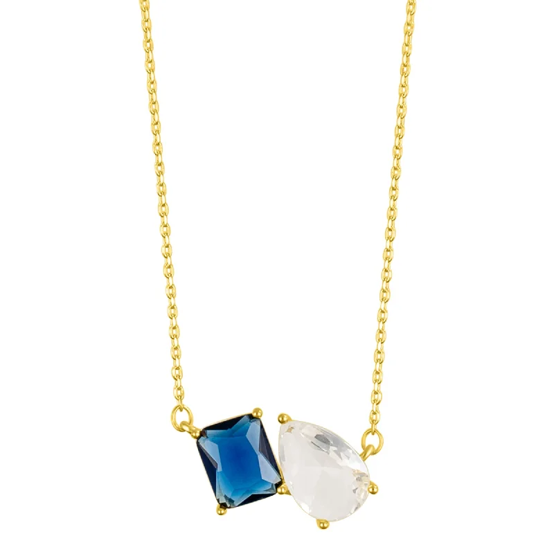 Linen cord necklaces-14k Gold Plated Blue and White Double Stone Necklace