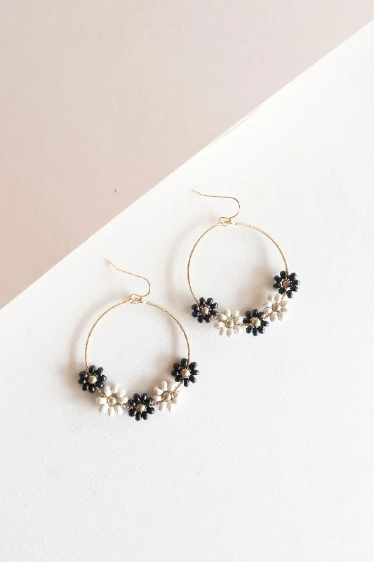 Thin rose earrings-Heavy hoop earrings-Avril Beaded Flower Hoop | Black and White beads on Gold Coiled Hoop