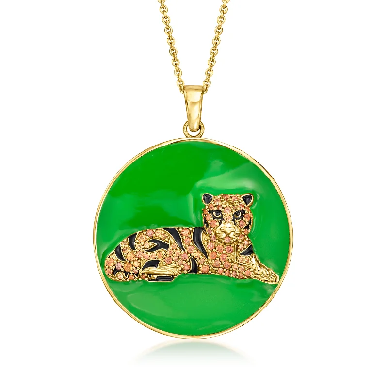 Stretch cord necklaces-Ross-Simons Orange Sapphire Tiger Pendant Necklace With Green and Black Enamel in 18kt Gold Over Sterling