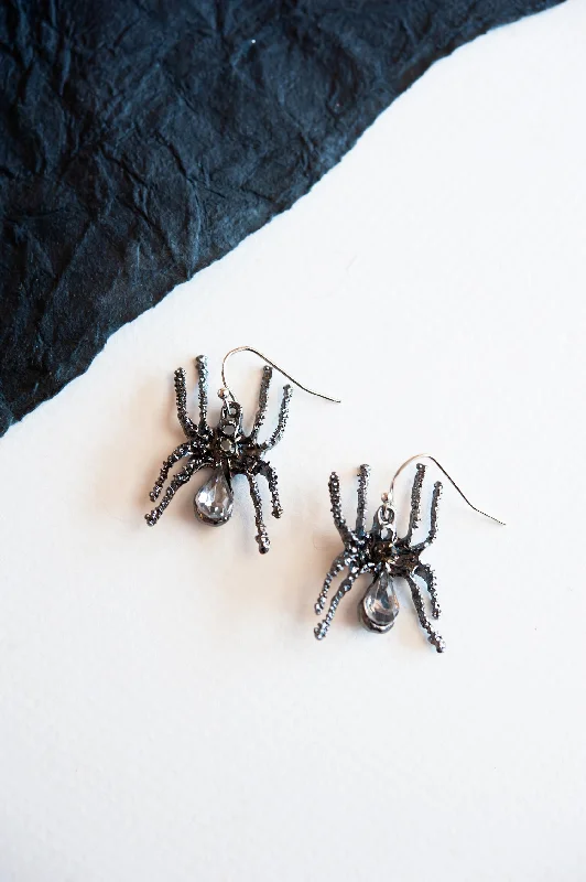 Thick statement earrings-Cosmic glow earrings-Hematite Spider Earrings | Creepy Halloween Spider Earrings | Bug Jewelry | Black Widow Gothic Earrings