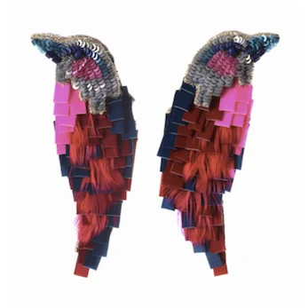 Layered tier earrings-Gem-woven earrings-Hot Pink Bird