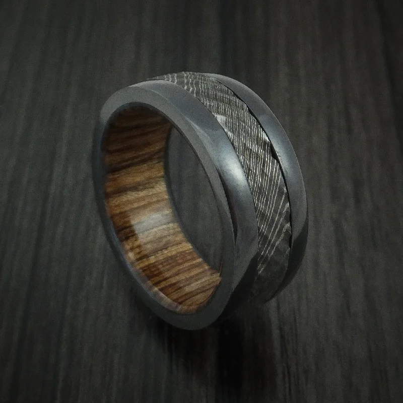 Black Zirconium and Damascus Steel Men's Ring with Tree Bark Carved Finish and Walnut Hardwood Sleeve Custom Made Band