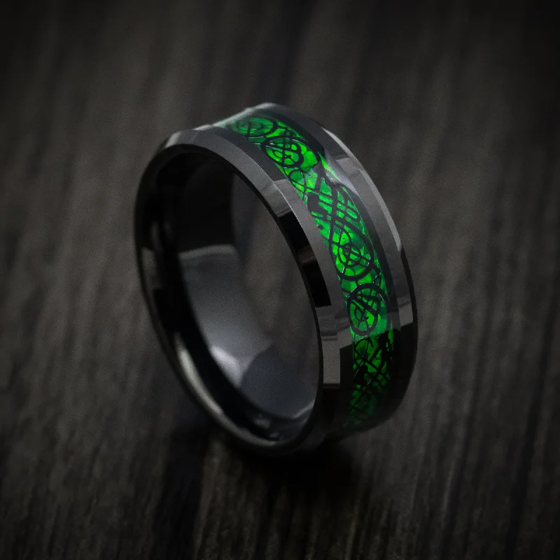 Black Tungsten Men's Ring with Celtic Green Dragon Inlay