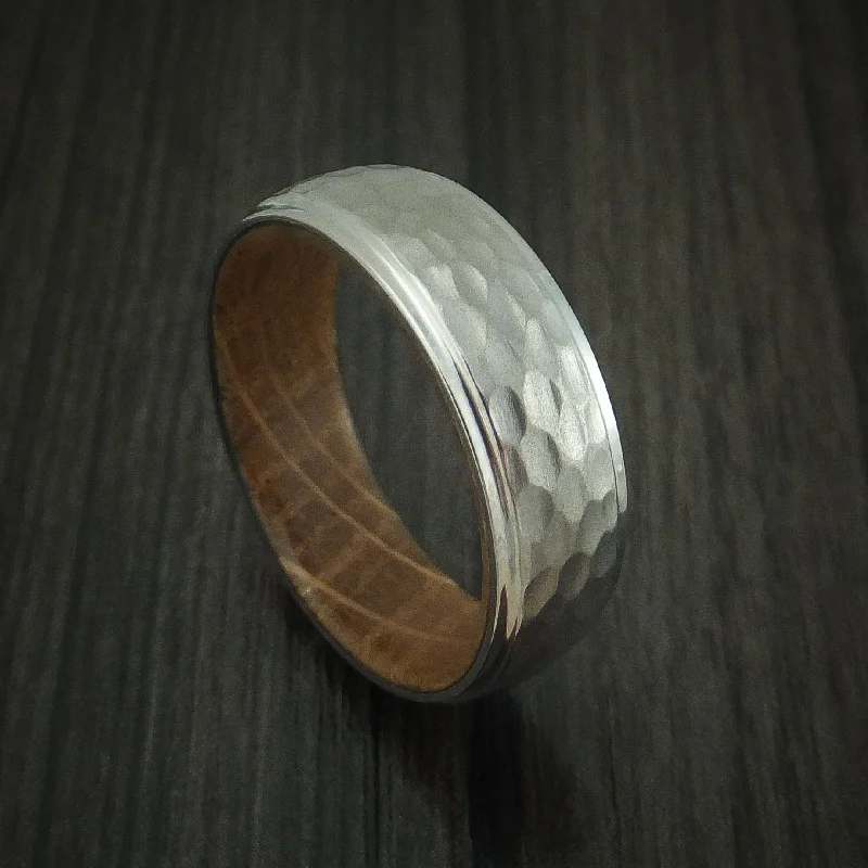 Titanium Hammered Men's Ring with Whiskey Barrel Wood Sleeve Custom Made Band