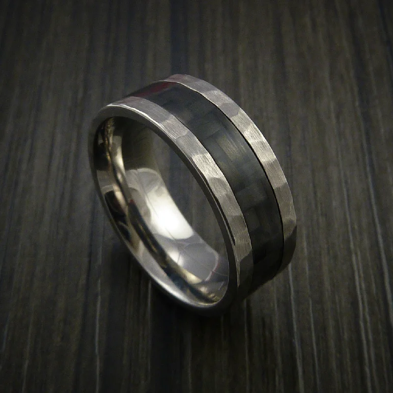 Hammered Titanium Men's Ring with Carbon Fiber Inlay Custom Made Wedding Band