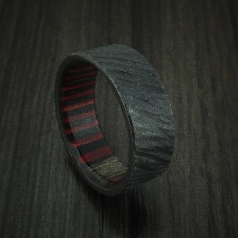 Black Zirconium Tree Bark Men's Ring with Applejack Wood Sleeve Custom Made Band