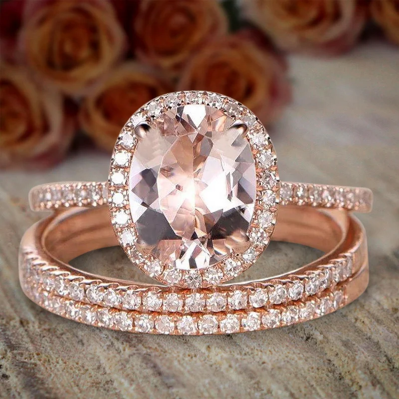 Oval Cut 2 Carat Morganite And Diamond Moissanite Trio Ring Set in 10k Rose Gold for Her