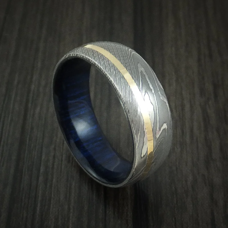 Damascus Steel Men's Ring with 14K Yellow Gold Inlay and Blueberry Wood Hardwood Sleeve Custom Made Wood Band