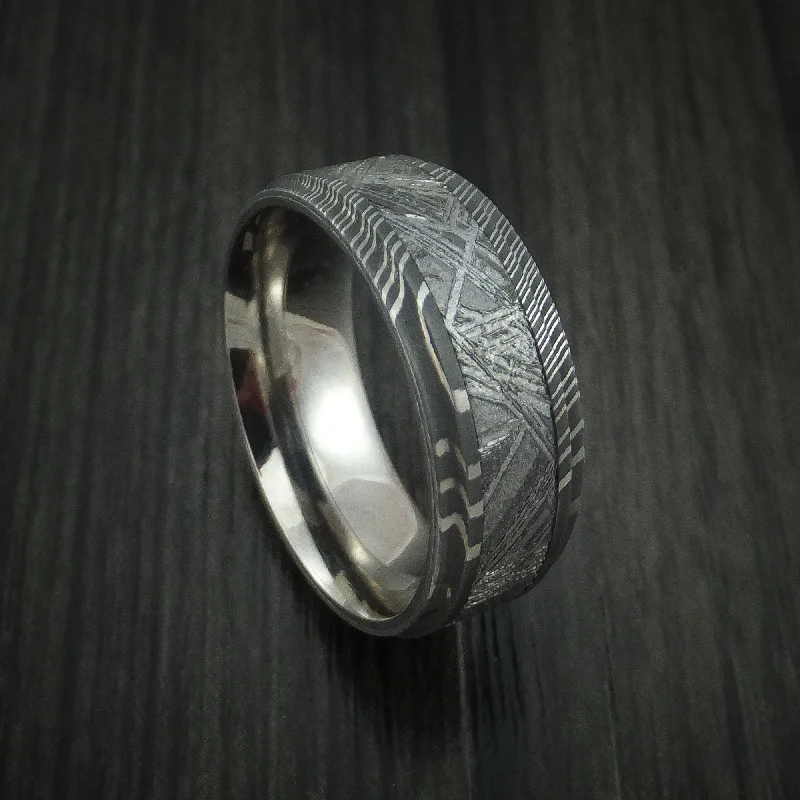 Damascus Steel and Meteorite Men's Ring with Titanium Sleeve Custom Made Band