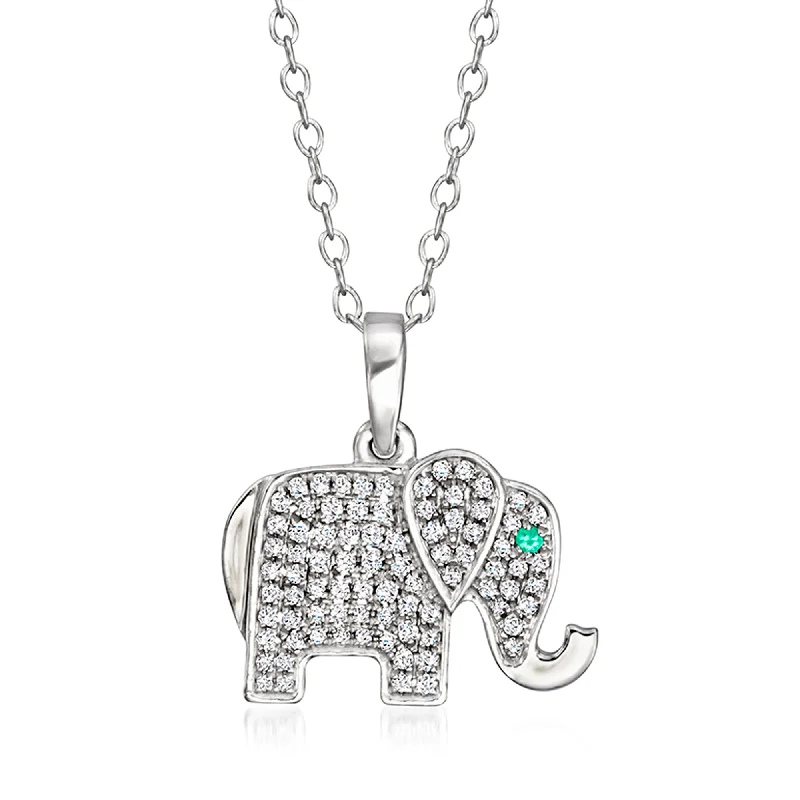 Tahitian pearl necklaces-Ross-Simons Diamond Elephant Pendant Necklace With Emerald Accent in Sterling Silver