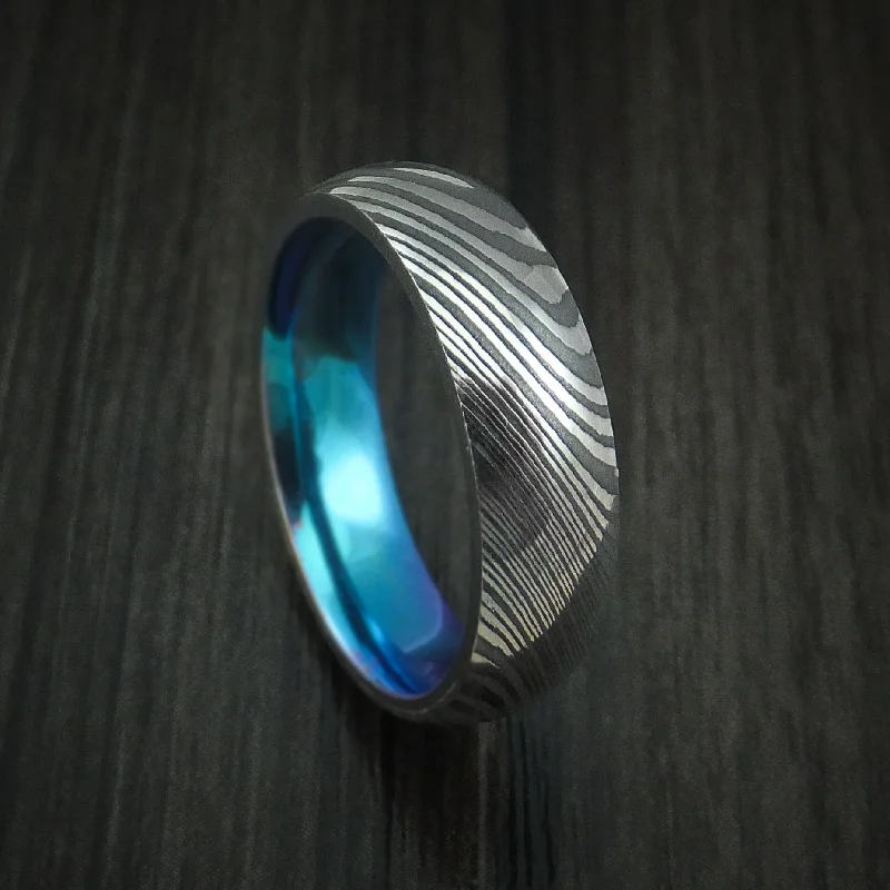 Damascus Steel Men's Ring with Anodized Titanium Interior Sleeve Custom Made