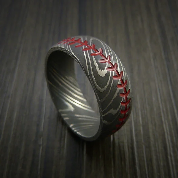 Damascus Steel Baseball Men's Ring with Acid Wash Finish