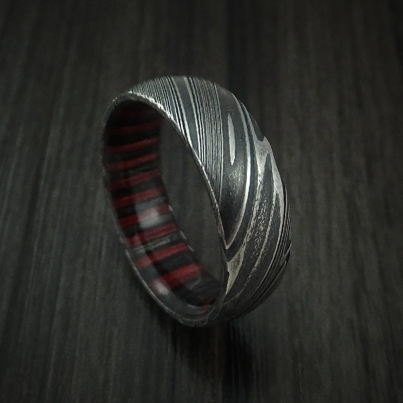 Kuro Damascus Steel Men's Ring with Hardwood Sleeve Custom Made Wood Band