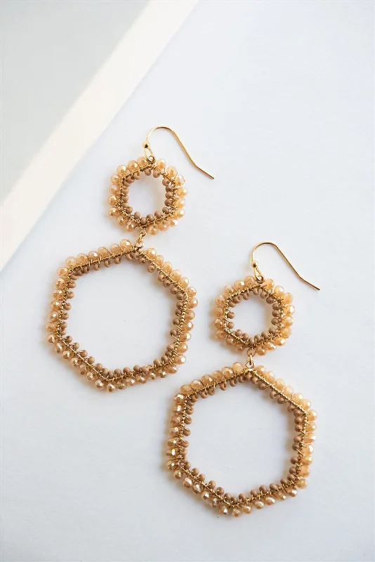 Patina bronze rings-Sea theme earrings-Cordea Beaded Sand Earrings | Geometric Crystal and Gold Beaded Drop Earrings | Neutral Accessories