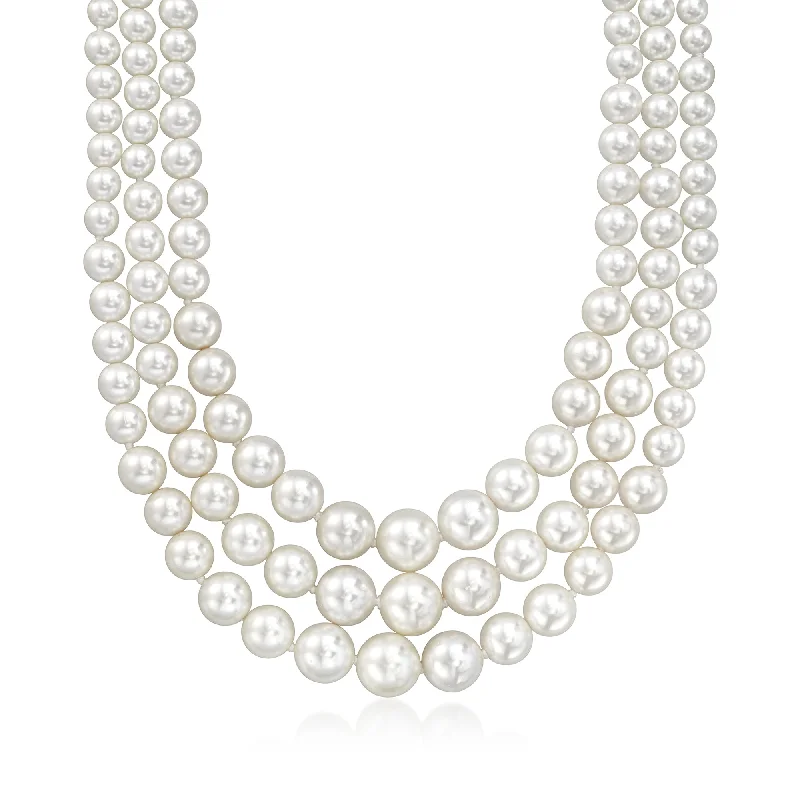 Half moon necklaces-Ross-Simons 6-12mm Shell Pearl Graduated 3-Strand Necklace With Sterling Silver