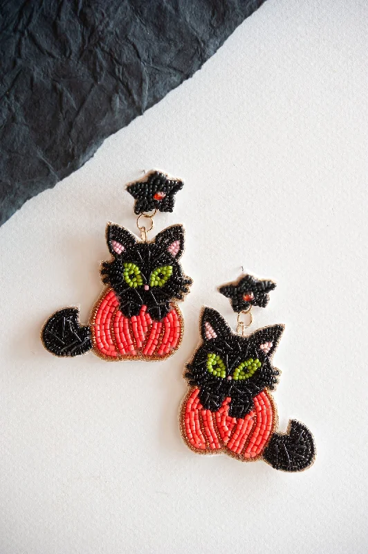 Bead row rings-Soft threader earrings-Kitty Pumpkin Dangle | Beaded Halloween Cat Earring