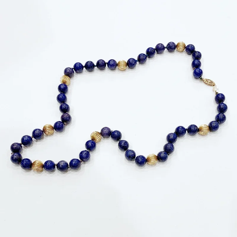 Vintage coin necklaces-Estate Collection Necklace - 14K Gold Fluted Beads w/Lapis Beads