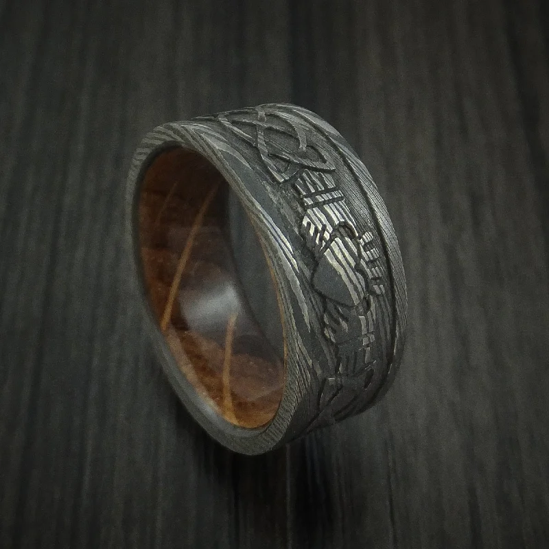 Damascus Steel Celtic Claddagh Men's Ring Design with Hardwood Sleeve