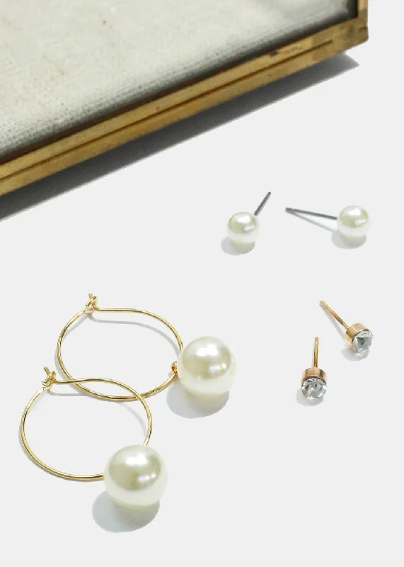 RingsRound stud earrings-3 Pair Stud and Pearl Hoop Earrings