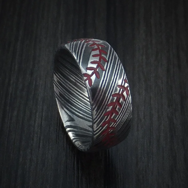 Kuro Damascus Steel Baseball Men's Ring with Double Stitching Acid Finish