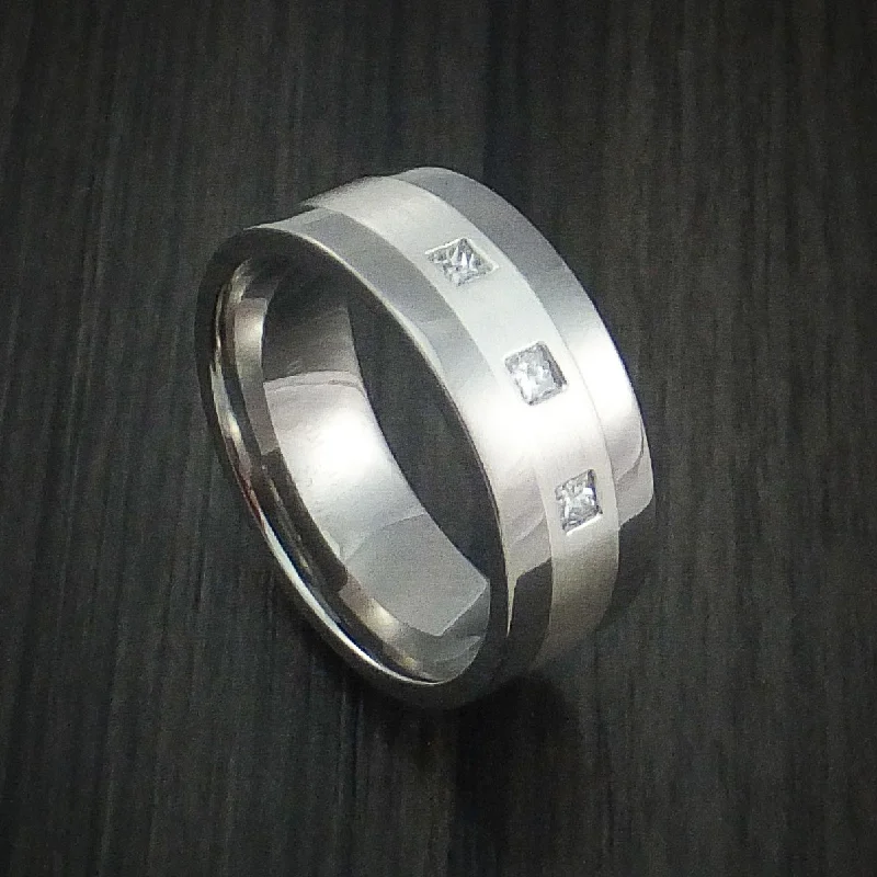 Titanium Men's Ring with Silver Inlay and Princess Cut Diamonds Custom Made Wedding Band