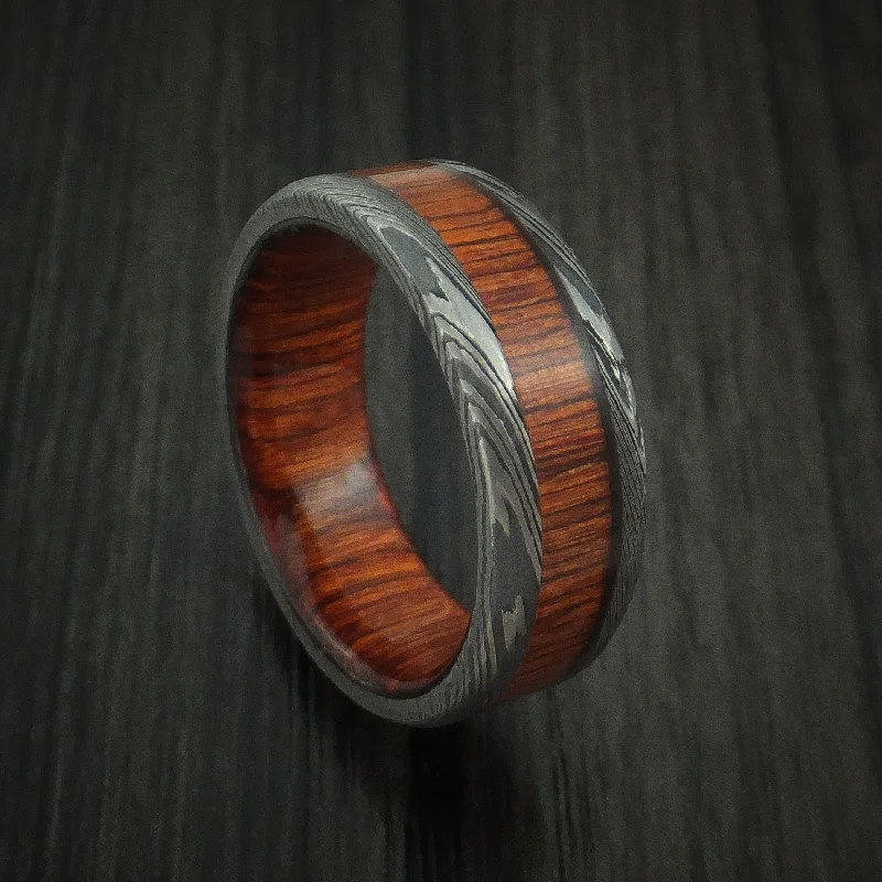 Damascus Steel Men's Ring with Cocobolo Wood Inlay and Sleeve Custom Made Thick Band