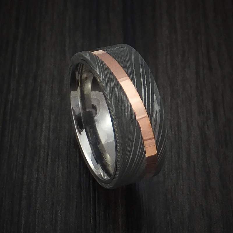 Damascus Steel Men's Ring with Angled Copper Inlay and Titanium Sleeve Custom Made Band