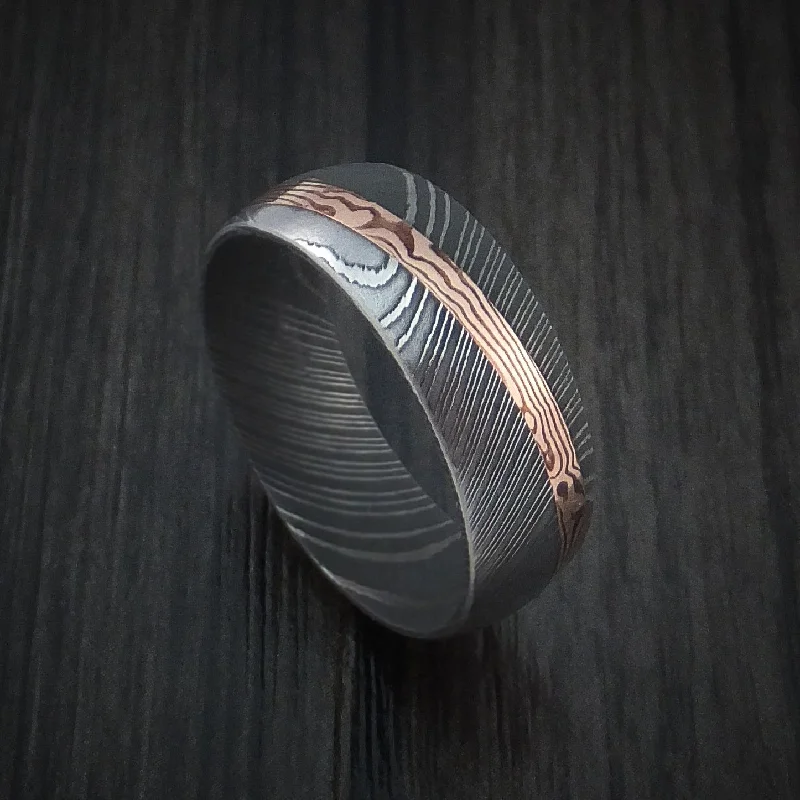 Damascus Steel Men's Ring with Diagonal Rose Gold Mokume Inlay Custom Made