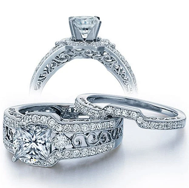 A Beautiful Unique Look 2.50 Carat Princess Cut Moissanite Diamond Wedding Ring Set in 10k White Gold